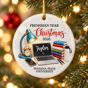 Freshman Year Christmas Study Desk โ Personalized Ceramic Ornament โ College Student Christmas Gift, First Year Keepsake