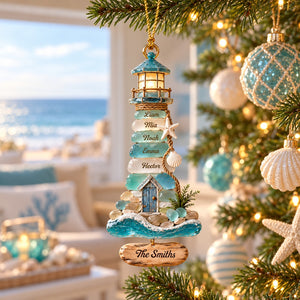 Personalized Coastal Lighthouse Christmas Ornament – Sea Glass–Inspired Family Keepsake | Gift For Beach Lovers