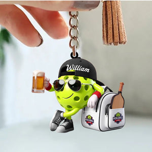 PostβGame Beer Toast With Bag Design Keychain - Personalized Cool Pickleball Ball Mascot Keychain