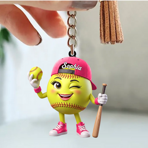 Playful Wink Baseball Softball Player Keychain - Personalized Cute Mascot Keychain