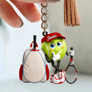 Tennis Racket & Tennis Backpack Design Keychain - Personalized BigβEye Tennis Ball Mascot Keychain