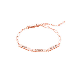 Personalized Family Name Bar Bracelet Engraved Charm with a Dainty Paperclip Chain