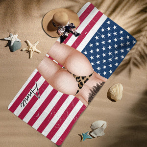 Personalized Beach Towel – Woman At Sunlit Beach With American Flag | Unique Gift For Her