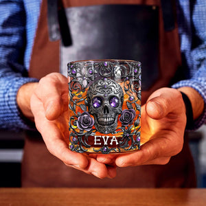 Beautiful Skull And Roses - Personalized Skull Whiskey Glass