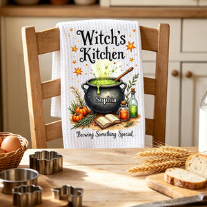 Personalized "Witch's Kitchen" Halloween Kitchen Towel – Brewing Something Special | Fall Witch Decor & Spooky Cauldron Tea Towel