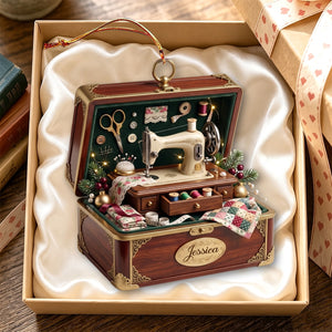 Personalized Jewelry Box Containing a Tiny Nostalgic Sewing Studio Ornament,Christmas Gift Ideas for Sewing Enthusiasts