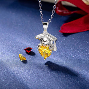 Engraved Name Personalized Bachelor Hat Heart Shaped Birthstone Graduation Necklace
