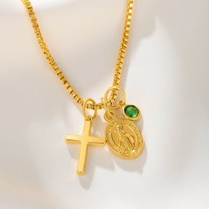 Personalized Cross Necklace with Birthstone, Dainty Religious Jewelry