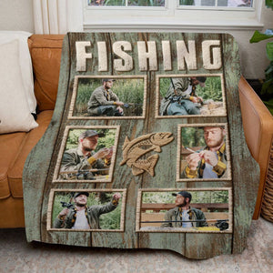 Personalized Fisherman Fishing Photo Collage Blanket, Fishing Gifts For Men