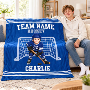 Custom Hockey Boy & Girl Name And Team Name Personalized Fleece Blanket โ Christmas Gift For Hockey Players, Sons, Daughters, Grandsons & Granddaughters