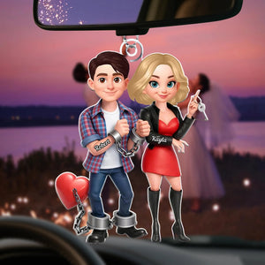 Unique Creative Gift For Couples โ Funny Cartoon Couple Acrylic Car Hanger With Handcuffed Love Design