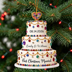 First Christmas Married Personalized Colorful Diamond Wedding Cake Ornament, Gift For Couples