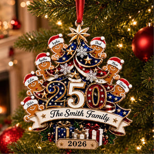 Custom 250th Anniversary Gingerbread Family Acrylic Ornament – Patriotic America 1776-2026 Christmas Tree Decor For Family