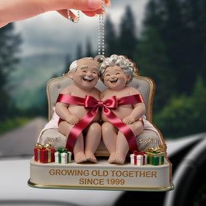 Growing Old Together, Elderly Couple With Gifts, Personalized Car Hanging Ornament