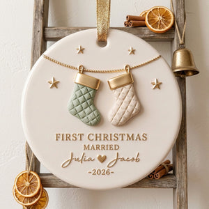 Our First Christmas Married – Personalized Ceramic Ornament | Custom Couple Names & Year Stocking Keepsake For Newlyweds