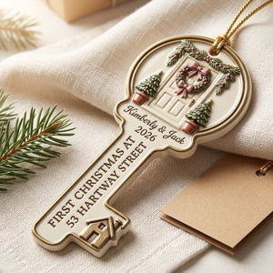 First Christmas In Our New Home โ Personalized Key Acrylic Ornament | Custom Names, Address & Year Housewarming Keepsake