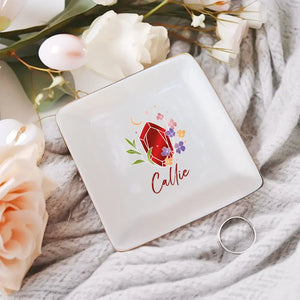 Personalized Birthstone Ceramic Square Trinket Jewelry Dish With Name, Gift For Girls Women