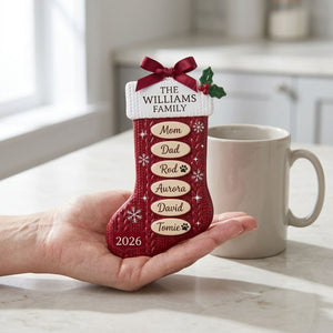 Personalized Red Knit Stocking Family Ornament β Custom Family Name, Year & 10 Names | Acrylic Custom Shape Keepsake