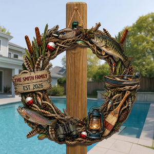 "Our Family Fishing" – Personalized Wood Sign Wreath | Gift For Fishing Lovers & Outdoorsmen