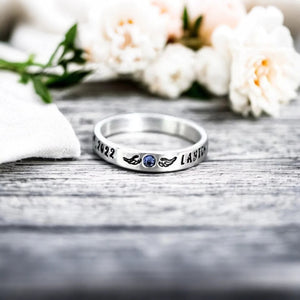 Personalized Memorial Birthstone Ring with Engraved Name & Date