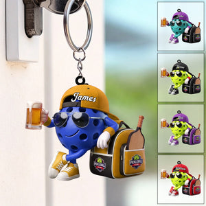 PostβGame Beer Toast With Bag Design Keychain - Personalized Cool Pickleball Ball Mascot Keychain