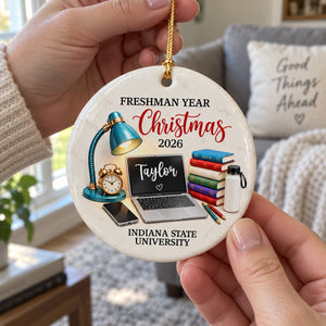 Freshman Year Christmas Study Desk โ Personalized Ceramic Ornament โ College Student Christmas Gift, First Year Keepsake