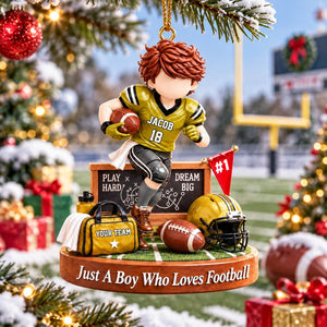 Personalized Just A Boy Who Loves Football Ornament, Custom Player Name & Number Christmas Gift