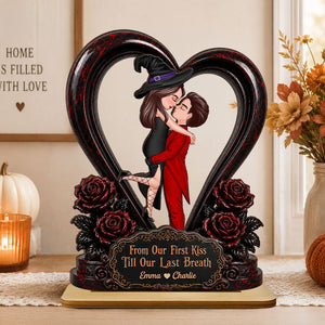 "From Our First Kiss To Our Last Breath" β Halloween Couple Wooden Plaque | Personalized Keepsake For Him & Her