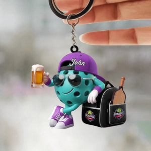 PostβGame Beer Toast With Bag Design Keychain - Personalized Cool Pickleball Ball Mascot Keychain