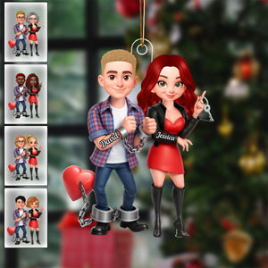 Unique Creative Gift For Couples โ Funny Cartoon Couple Acrylic Car Hanger With Handcuffed Love Design