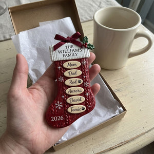 Personalized Red Knit Stocking Family Ornament β Custom Family Name, Year & 10 Names | Acrylic Custom Shape Keepsake