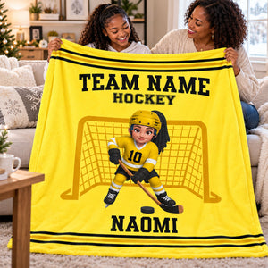 Custom Hockey Boy & Girl Name And Team Name Personalized Fleece Blanket โ Christmas Gift For Hockey Players, Sons, Daughters, Grandsons & Granddaughters