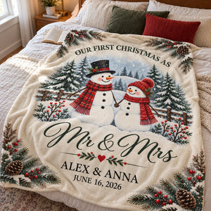 Snowman Couple First Christmas Personalized Blanket – Cozy Fireplace First Christmas Couple Keepsake