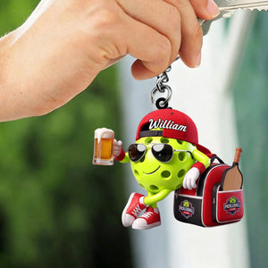 PostβGame Beer Toast With Bag Design Keychain - Personalized Cool Pickleball Ball Mascot Keychain