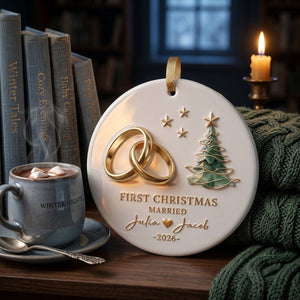 Personalized "First Christmas Married" Ceramic Ornament – Custom Names & Year For Newlyweds