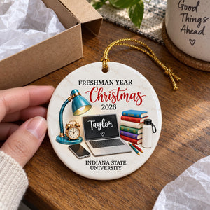 Freshman Year Christmas Study Desk โ Personalized Ceramic Ornament โ College Student Christmas Gift, First Year Keepsake