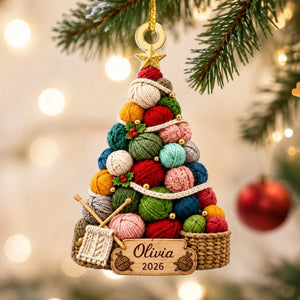 Personalized "Cozy Knitting Christmas Tree" Ornament – Gift For Knitting Lovers & Yarn Enthusiasts