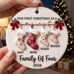 Personalized Family Of 4 Christmas Ceramic Ornament – Custom Names & Pet Stocking Keepsake | First Christmas Gift For Parents & Kids