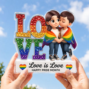 Pride Month Gift for LGBTQ+ Couple – Personalized "Love Is Love" Acrylic Block Plaque