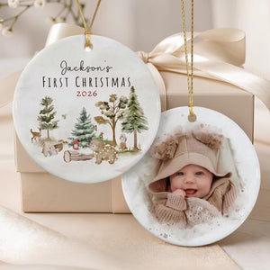 Baby’s First Christmas 2026 – Personalized Double-Sided Photo Ceramic Ornament | Custom Name Woodland Keepsake For New Parents & Grandparents