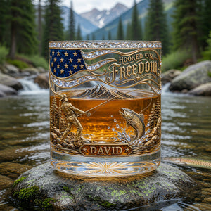 Personalized "Hooked On Freedom" Fishing Whiskey Glass β Gift For Fishing Lovers