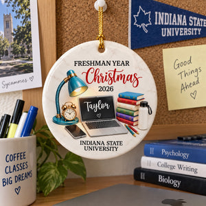 Freshman Year Christmas Study Desk โ Personalized Ceramic Ornament โ College Student Christmas Gift, First Year Keepsake