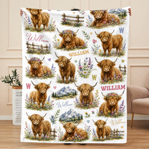 Personalized Highland Cow Baby Blanket – Custom Name Floral Design | Cute Nursery Decor & Baby Shower Gift For Boy Or Girl