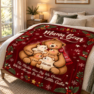 Personalized Mama Bear Christmas Blanket โ Custom Kids' Names Bear Family Fleece Blanket, Christmas Gift For Mom From Her Children
