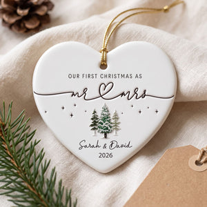 Personalized "Our First Christmas As Mr. & Mrs." Heart Ceramic Ornament – Custom Couple Names & Year | Minimalist Newlywed Keepsake