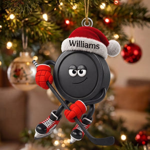 Custom Sly Santa Hockey Hanging Ornament – Personalized Smiling Puck Character With Stick & Skates | Christmas Sports Gift