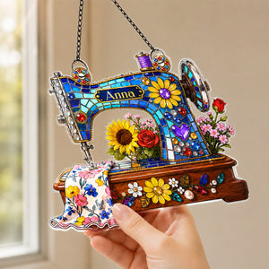 Meaningful Gift For Sewing Lovers – Personalized Floral Sewing Machine Acrylic Suncatcher