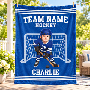 Custom Hockey Boy & Girl Name And Team Name Personalized Fleece Blanket โ Christmas Gift For Hockey Players, Sons, Daughters, Grandsons & Granddaughters