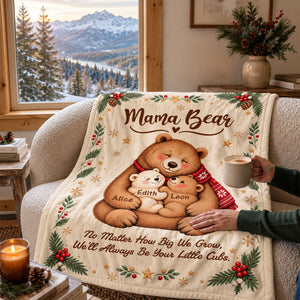 Personalized Mama Bear Christmas Blanket โ Custom Kids' Names Bear Family Fleece Blanket, Christmas Gift For Mom From Her Children