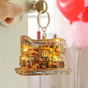 Sewing Room With Sewing Machine And Fabric, Personalized Keychain, Gift For Craft Enthusiasts